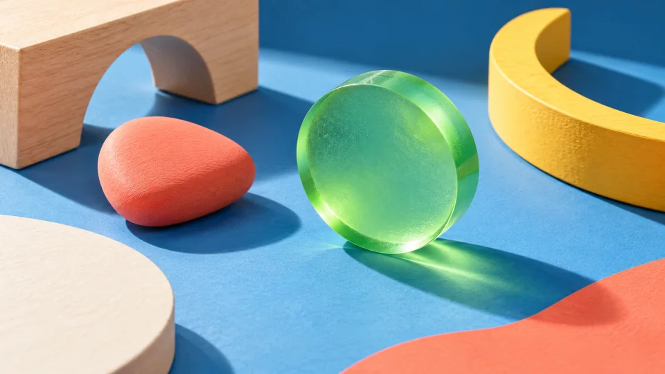 Een doorschijnende groene schijf op een blauw vlak, naast een koraalkleurige speelsteen en gele boogvorm.